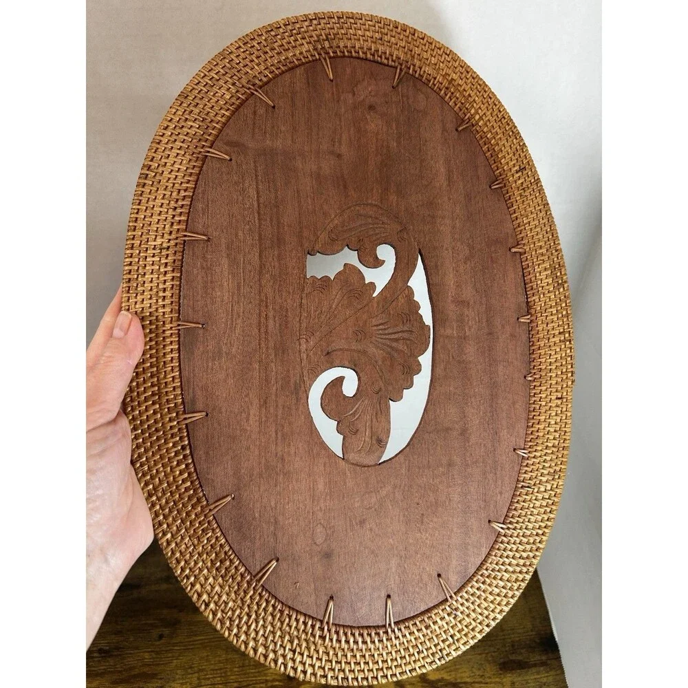 Vintage Hand-Carved Rattan Placemats Set of 6 Fish Floral Bird Boho Decor Brown